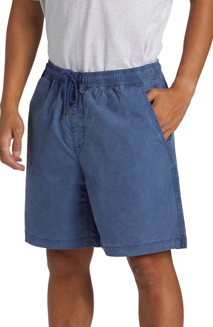 Roomy and relaxed, these shorts made of stretch-cotton poplin cinch comfortably at the waist and provide plenty of pockets for holding a day's essentials. 6 1/2" inseam; 22" leg opening; 12" front rise; 14" back rise (size medium) Elastic/drawstring waist Front slant pockets; back hook-and-loop patch pocket 98% cotton, 2% elastane Machine wash, tumble dry Imported Cotton Shorts With Functional Drawstring, Cotton Bottoms With Functional Drawstring, Casual Shorts With Functional Drawstring For Leisure, Casual Spring Shorts With Functional Drawstring, Casual Cotton Pull-on Shorts, Casual Solid Color Pull-on Shorts, Casual Pull-on Style Shorts, Casual Blue Bottoms With Functional Drawstring, Casual Cotton Shorts With Functional Drawstring