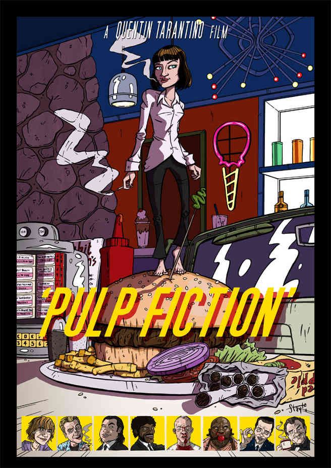 an animated image of a woman standing on top of a pile of food with the words pulp fiction in front of her