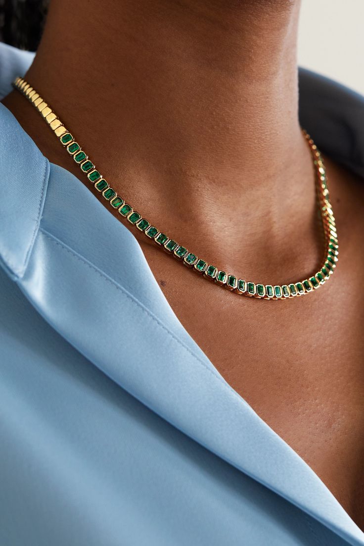 Elegant and timeless, Anita Ko's necklace has all the makings of a modern heirloom. It's crafted from 18-karat gold and set with 6.38-carats of vivid emeralds in bezel settings and has a shorter length that gently grazes your collarbone. Emerald Drop Necklace, Emerald Jewelry Necklace Gold, Colombian Emerald Necklace, Formal Clavicle Chain Necklace, Elegant Yellow Gold Emerald Necklace, Timeless 14k Gold Emerald-cut Necklace, Formal 14k Yellow Gold Tennis Necklace, Timeless Gold Necklace With Emerald Cut, Elegant 14k Gold Hallmarked Emerald Necklace