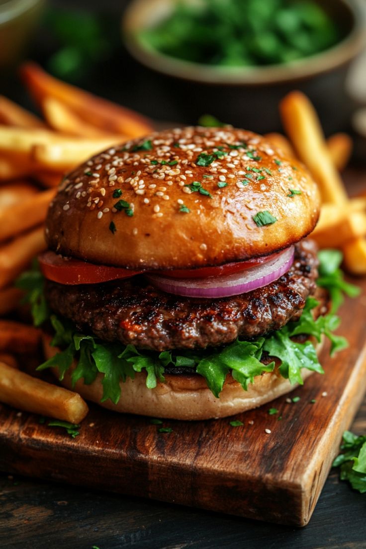 Juicy cheeseburger with lettuce, tomato, onion, and fries on a wooden board. Hamburger Bbq Recipe, Hamburger Meat Dinner, Hamburger Meat Dinner Ideas, Hamburger Meat Meals, Hamburger Meat Recipes For Dinner, Meat Dinner Ideas, Best Hamburger Recipe, Hamburger Meat Dishes, Best Hamburger Recipes