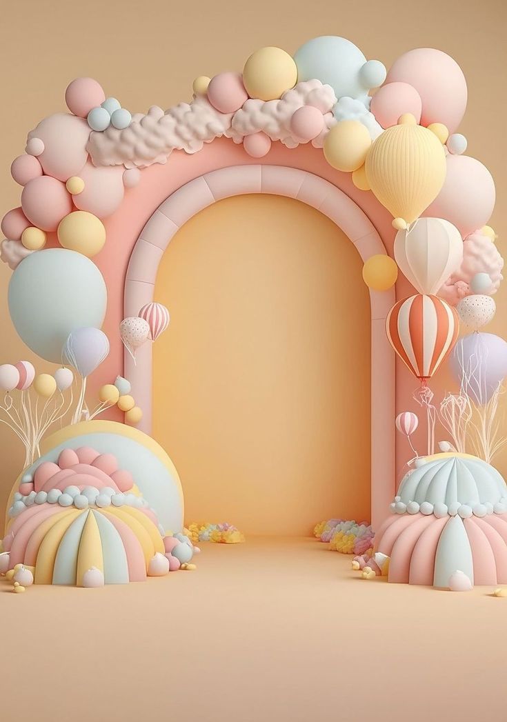 an arch with balloons and other decorations on the top is shown in pastel colors