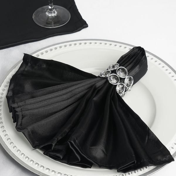 $2.99 | Add a touch of class and elite grace into your tabletops with our silky smooth satin napkins. The impeccable sheen and velvety luster of premium quality satin will exude oodles of sparkle and sophistication to your tablescape. Fold them modishly in different shapes complementing your tableware, or simply display in classic rectangular fold to give a VIP feel to your treasured guests. Our upscale quality Satin napkins are perfect to use in weddings, banquets, bars, hotels and restaurants. Restaurants For Birthdays, Wedding Dinner Napkins, Black Tablecloth, Banquet Decorations, Napkins Wedding, Fabric Napkin, Black Seamless, Cloth Dinner Napkins, Table Napkins