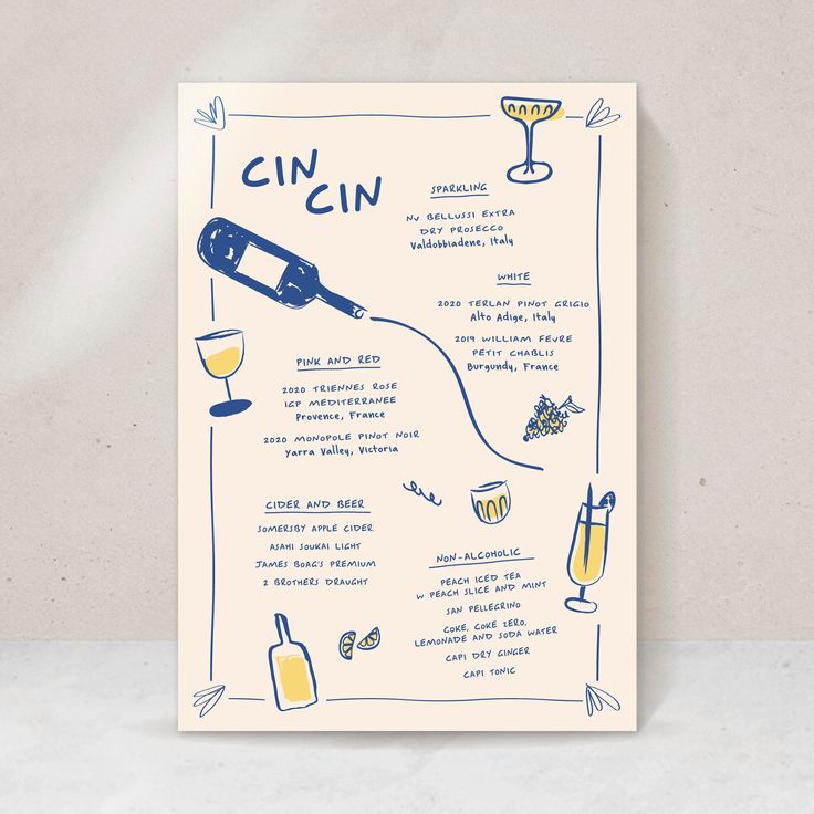 a card with an illustration of a cocktail menu