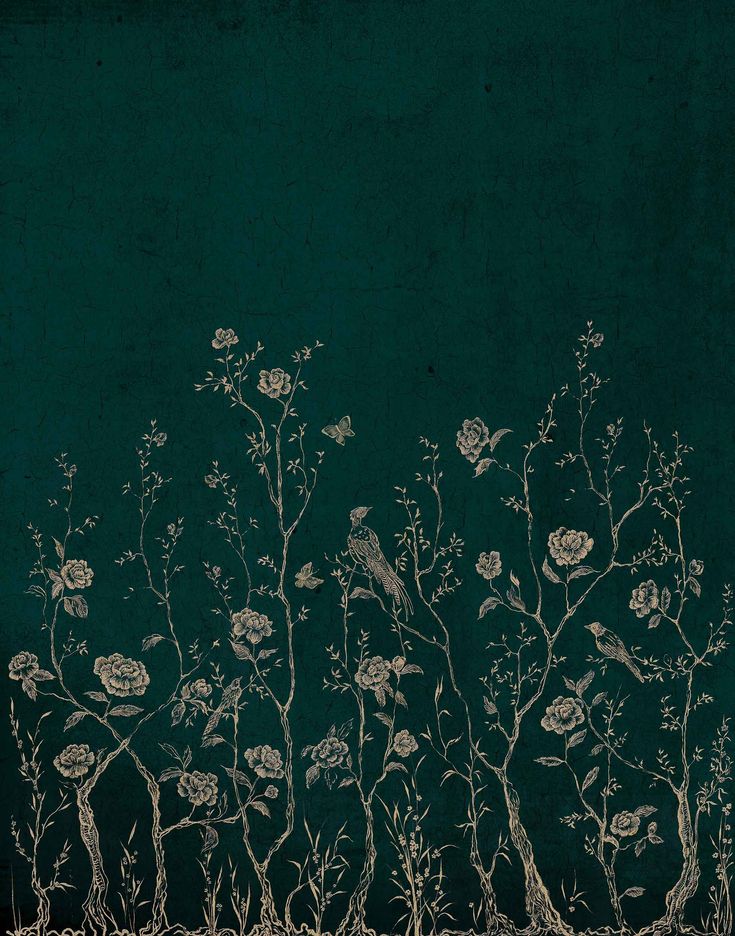 an image of flowers and birds in the grass on a dark green background with white outline