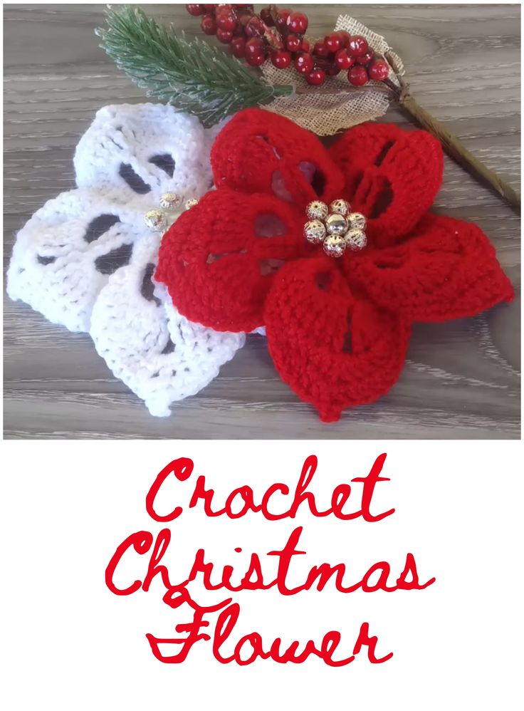 crochet christmas flower with red and white poinsettis in the center