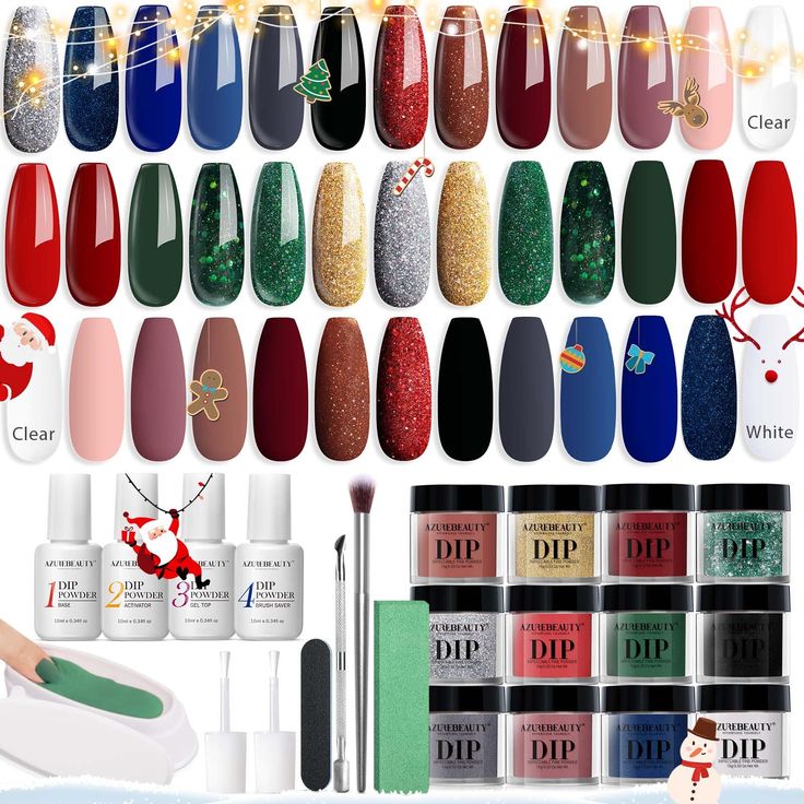 PRICES MAY VARY. 🎁【2023 Limited Christmas Kit】The kit is more in line with everything beginners need, the 31-Pcs dip powder kit includes 20*0.33oz nail dip powder colors, 4*0.34oz dip powder liquid set (base&top coat/activator/brush saver), 1*nail brush, 1*nail file, 2*powder liquid brush replacement, 1*cuticle pusher, and the newly added 1*Dip Powder Recycle tray, 1*nail polishing block. AZUREBEAUTY home dip powder nail kit can get nail art salon-quality equipment for a small fee. 🌎【Superior Dip Nail Colors, Dip Manicure, Green Acrylic Nails, Gold Nail Polish, Salon Gifts, Nail Art Salon, French Nail Art, Manicure Diy, Top Base