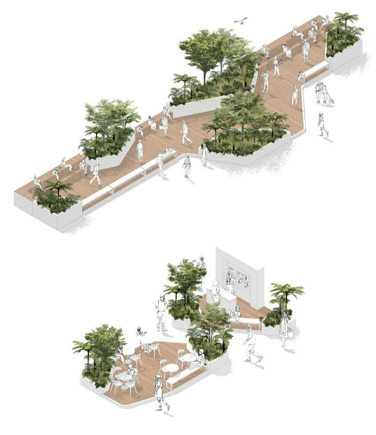 two renderings of people walking and sitting at tables in an open air area with trees