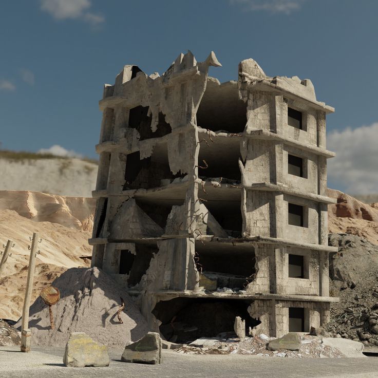 a very tall building sitting in the middle of a dirt field next to some rocks