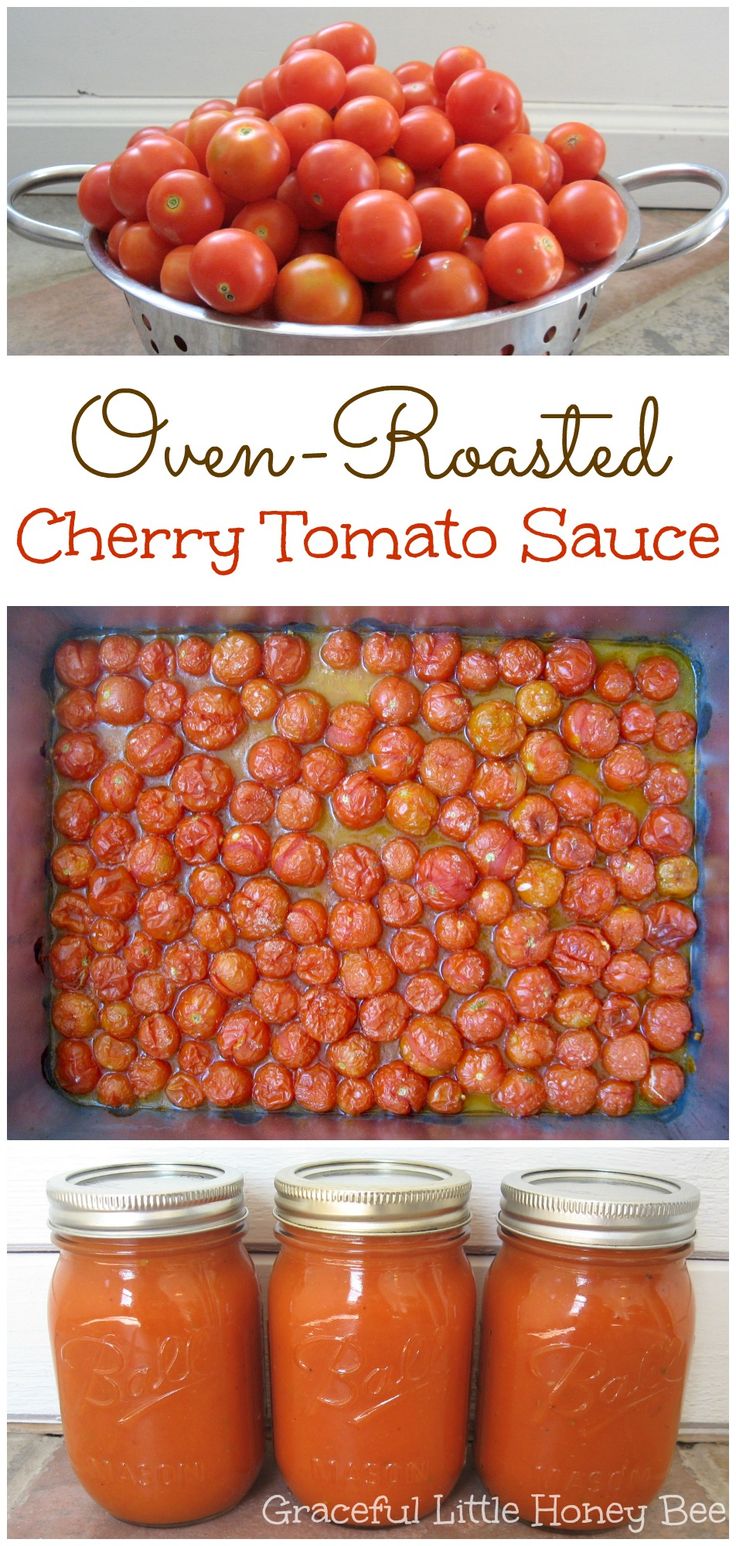 some tomatoes are sitting in jars next to each other and the words, oven roasted cherry tomato