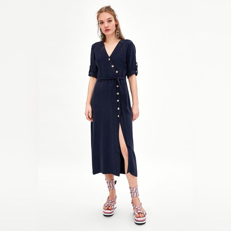 New With Tags 7385/109 100% Lyocell Mode Zara, Marine Uniform, Midi Wrap Dress, Pakistani Bridal Dresses, Zara Fashion, Frou Frou, Navy Midi Dress, Dress Picture, Womens Midi Dresses