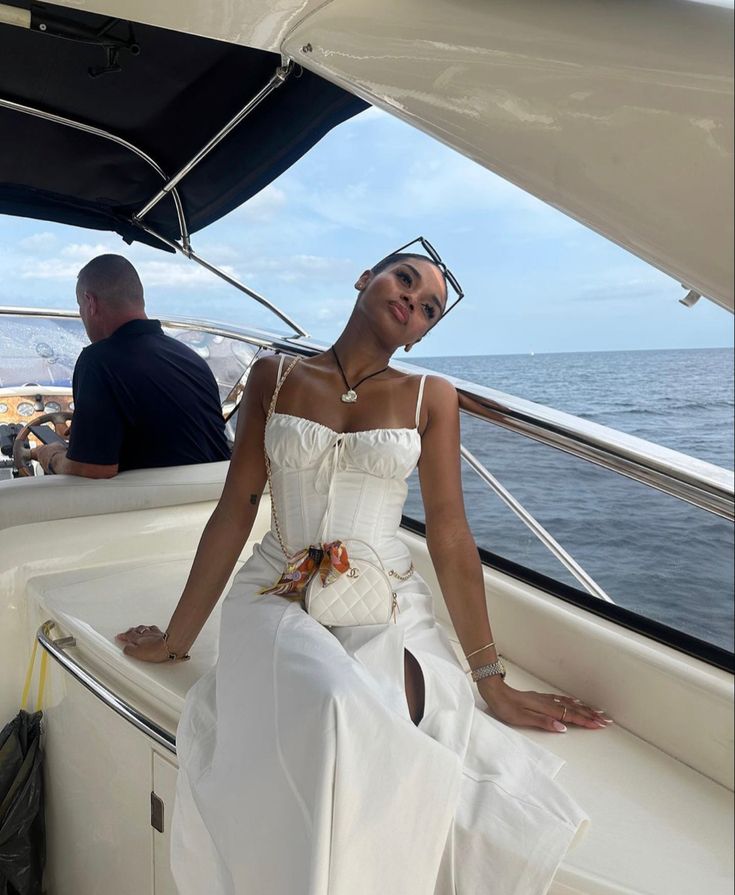 Summer Outfits European, Blue Summer Dress Outfit, Girls Dinner Outfit, White Dress Outfit Summer, Yacht Party Outfit, Yacht Outfit, Yacht Aesthetic, Dreamy Style, European Summer Aesthetic