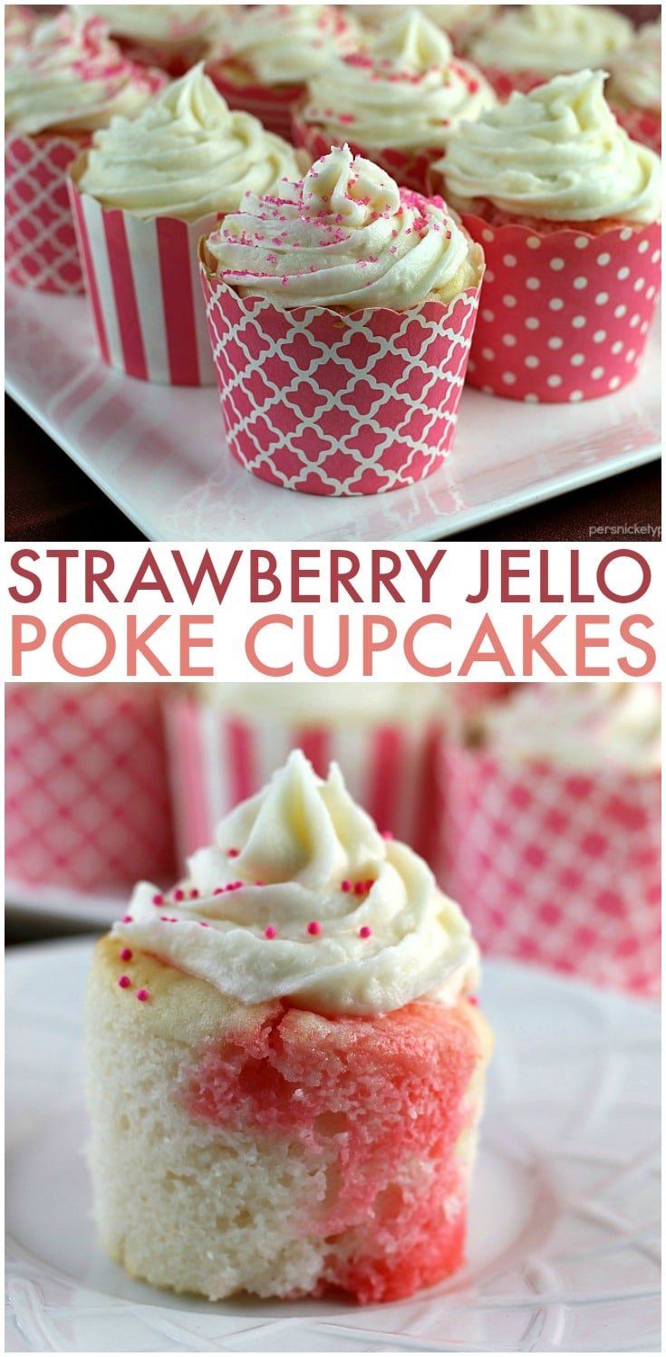 strawberry jello poke cupcakes with white frosting and sprinkles