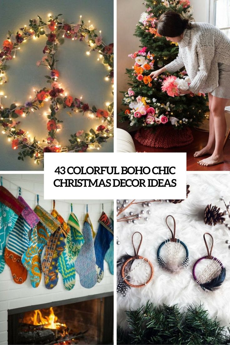 four different christmas decorating ideas including stockings, wreaths and shoes hanging on the wall