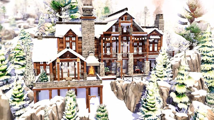 this is an artist's rendering of a large house in the woods with snow on the ground