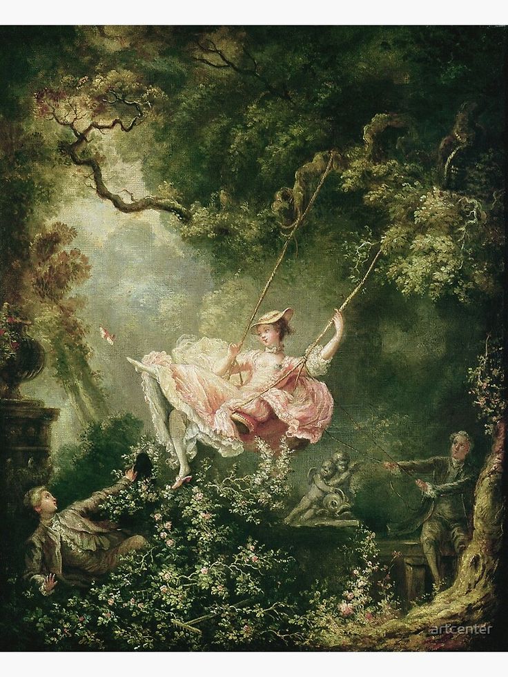 a painting of a woman swinging on a swing in the woods with other people around her