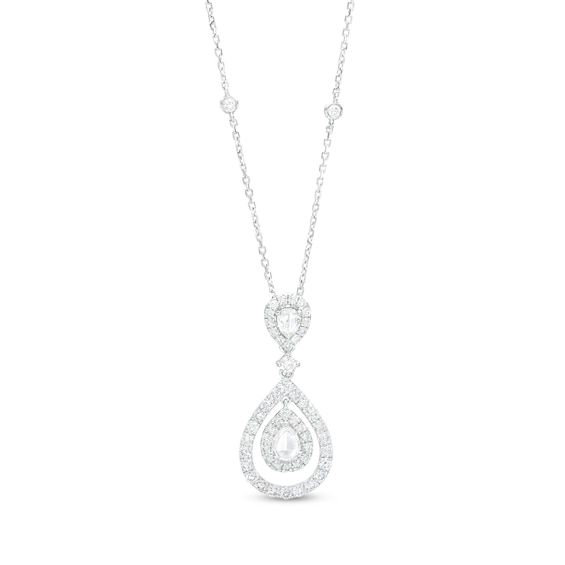 Exude an elegant vibe with the vintage-inspired details of this sophisticated rose-cut diamond double teardrop pendant. Created in 14K white gold A 1/8 ct. rose-cut pear-shaped diamond shimmers in a diamond halo - all wrapped in an open teardrop-shaped frame of diamonds. Above, a round diamond connects the drop to the inverted diamond-framed rose-cut pear-shaped diamond bail. The antique-style rose cut mimics the appearance of petals with triangular facets that beautifully reflect light and spar Elegant Teardrop Pendant Diamond Necklace For Anniversary, Elegant White Gold Teardrop Pendant Diamond Necklace, Elegant Pear-shaped Diamond White Necklace, Timeless Pear-shaped Diamond Necklace For Wedding, Pear-shaped Diamond Necklace For Wedding, Timeless Diamond Necklace With Teardrop Pendant, Elegant Teardrop Diamond White Necklace, Timeless Teardrop Pendant Diamond Necklace, Exquisite White Gold Teardrop Diamond Necklace