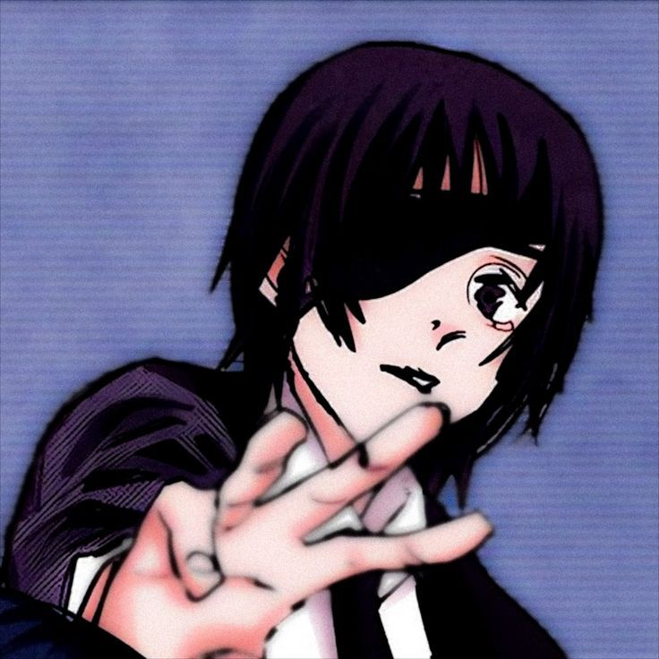 an anime character with black hair pointing to the side