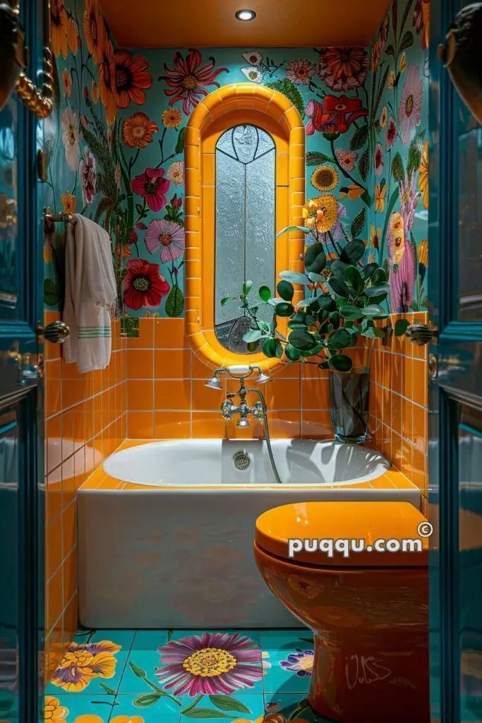 the bathroom is decorated in bright colors and has an orange mirror above the bathtub