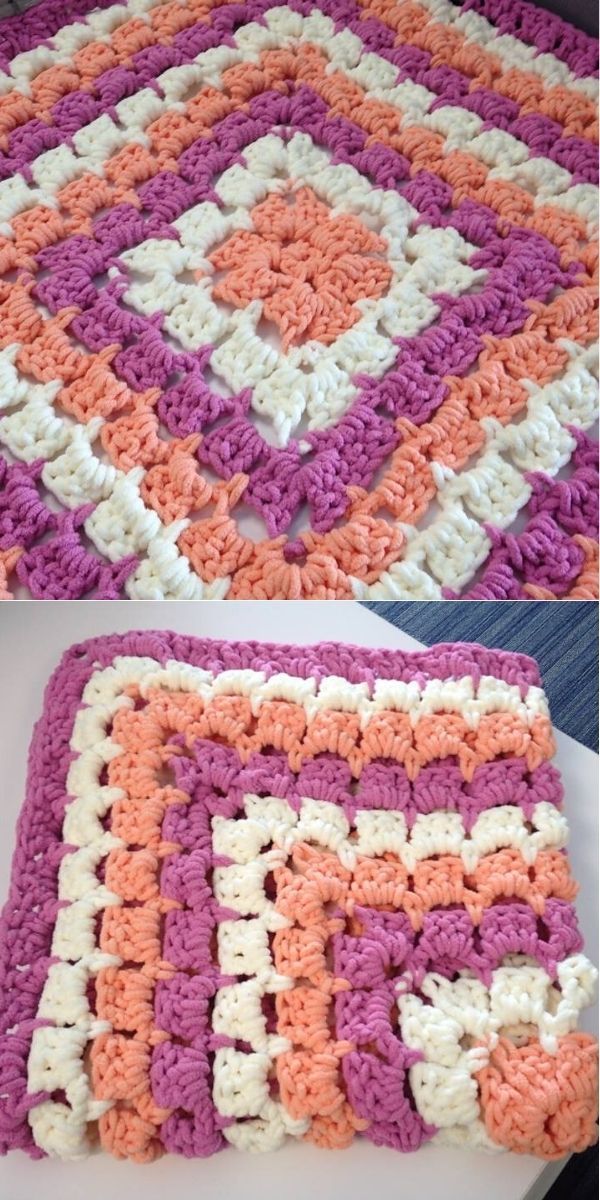 crocheted squares are arranged on top of each other