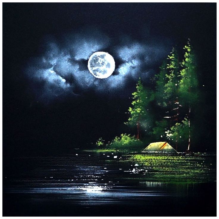 the full moon shines brightly in the dark night sky over a lake with trees