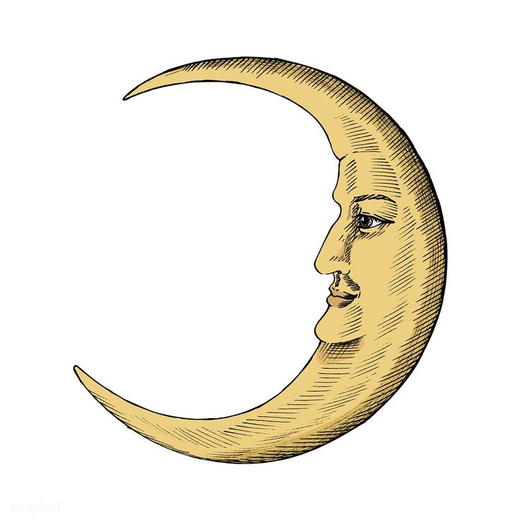 a drawing of the face of a man with a crescent moon in his mouth, vintage line art