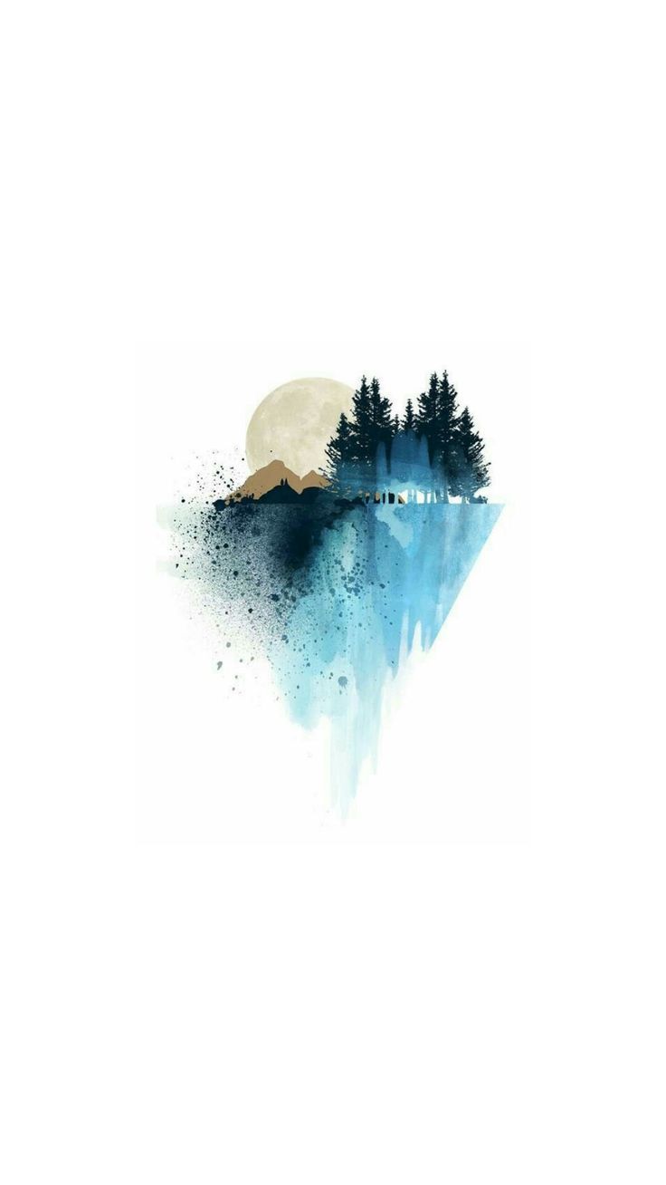 the watercolor painting shows an island with trees on it and a full moon in the background