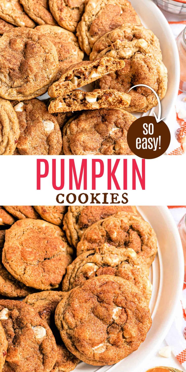 pumpkin cookies on a white plate with the words so easy to make and then cut in half