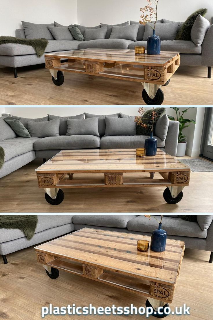 this is an image of a coffee table made out of pallet wood and wheels