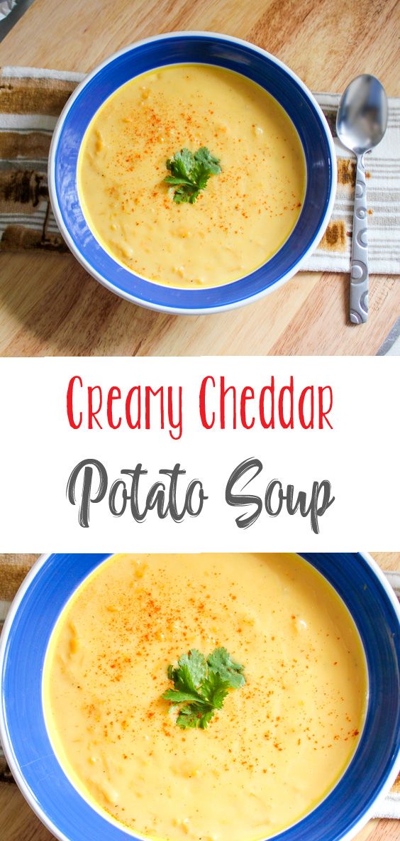 two bowls of creamy cheddar potato soup