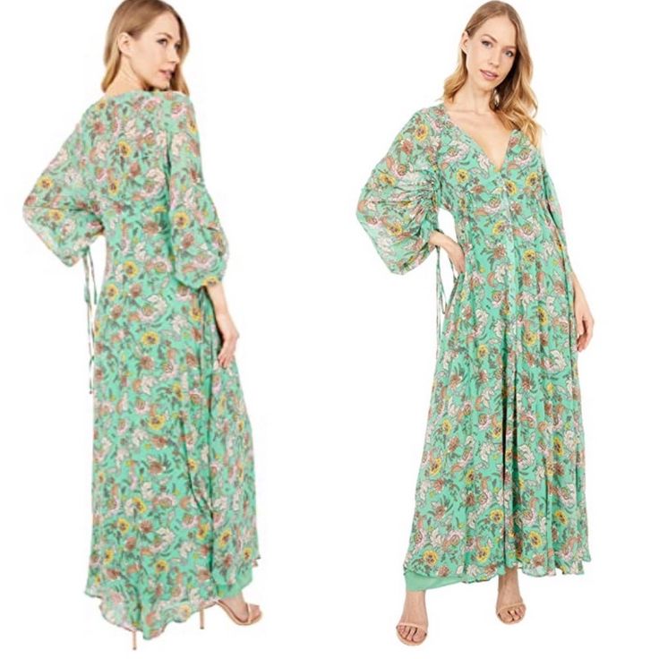 Nwt Green Floral Dress With Green Slip. This Dress Color Is Perfect All Year Long. You Can Tie The Sleeves To Be Up Or Untie Them To Be Down. Super Flowy And Just Amaxing. Xsmall Free People Green Floral Print Maxi Dress For Daywear, Green Maxi Dress For Brunch, Spring Green Maxi Dress For Casual Wear, Spring Green Maxi Dress For Dress Down Occasion, Green Maxi Dress For Daywear, Green V-neck Floral Dress For Spring, Green Long Sleeve Feminine Maxi Dress, Long Green Dress For Brunch, Green Summer Maxi Dress For Daywear