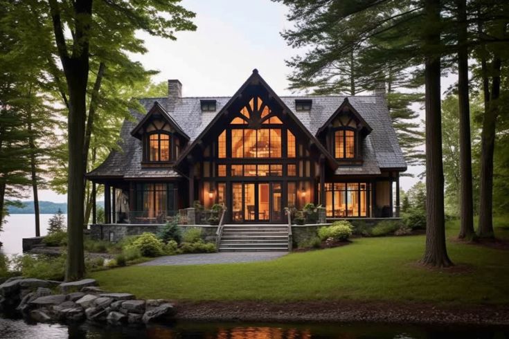 a large house sitting on top of a lush green field next to a body of water