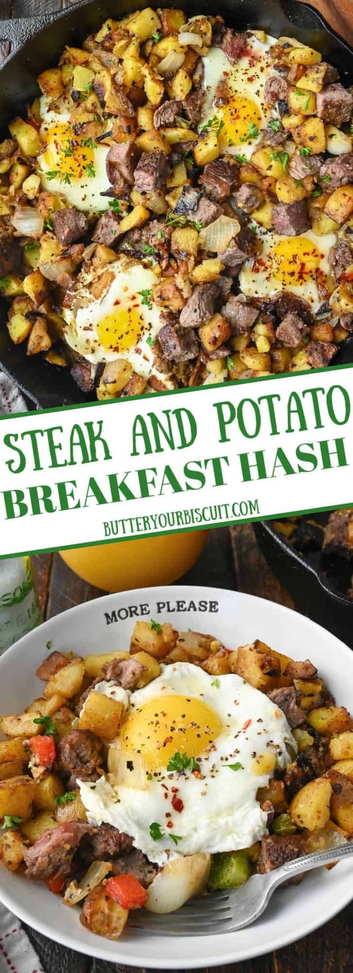 steak and potato breakfast hashbrowns in a skillet with a sign that says steak and potato breakfast hashbrowns