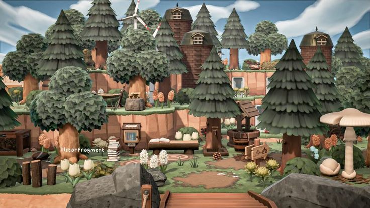 Animal Crossing Forest Ideas, Animal Crossing Forest, Forest Town, Waterfall Building, Forest Ideas, Animal Crossing New Horizon, Forest Designs, Acnh Cottagecore, Town Ideas