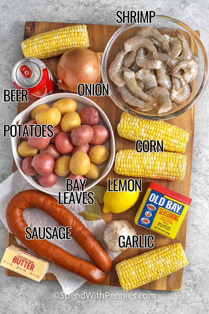 the ingredients needed to make this recipe include corn, potatoes, lemons, and shrimp