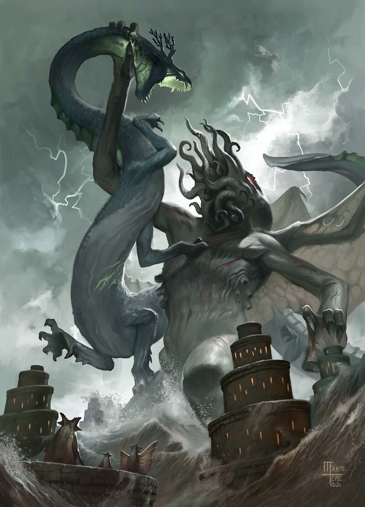 a dragon attacking a giant creature on top of a mountain