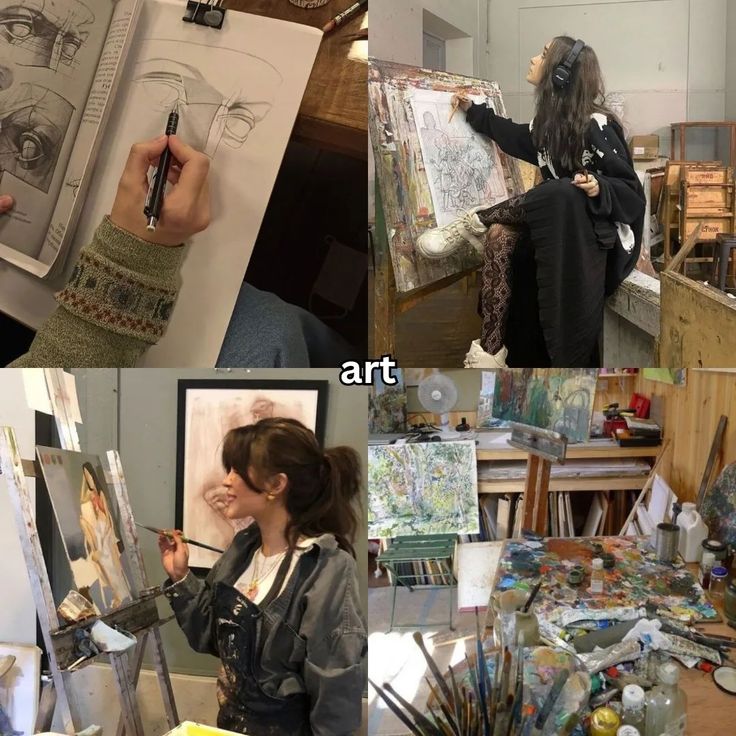 a collage of photos with people working on paintings and drawings in an art studio