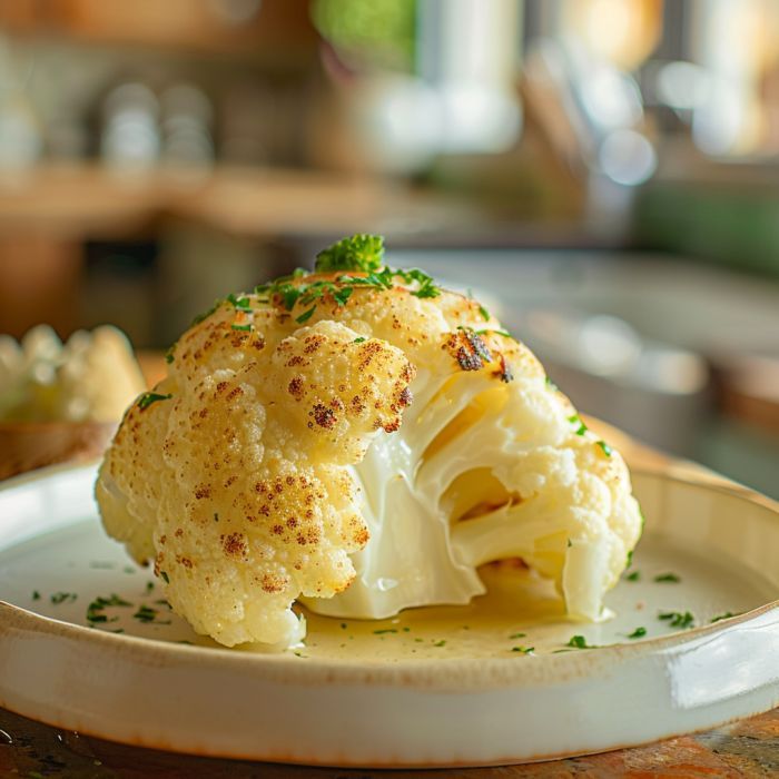 a piece of cauliflower on a plate with parsley sprinkled on it