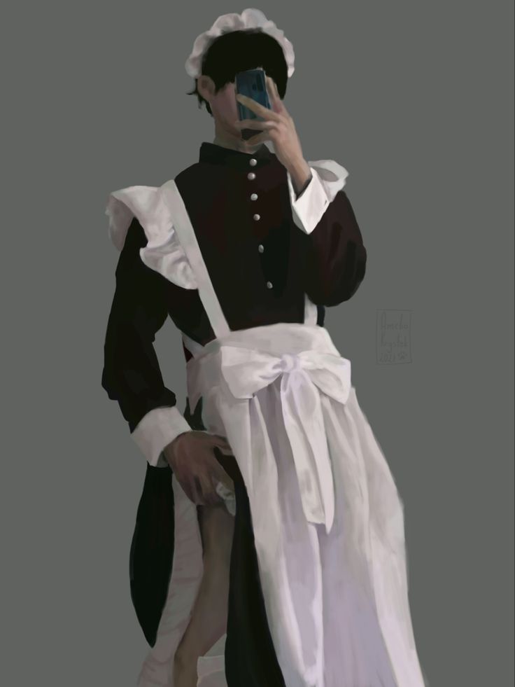 a man dressed in colonial clothing taking a selfie with his cell phone while wearing an apron and hat