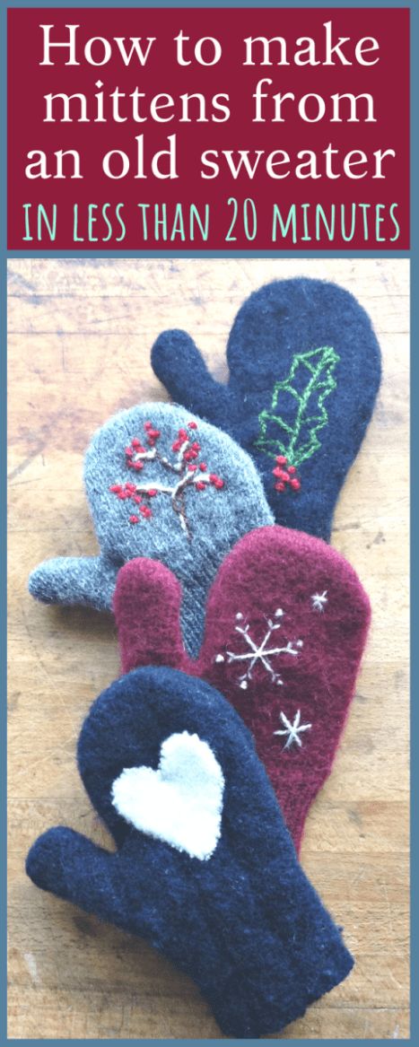 three mittens sitting on top of a wooden table with the words how to make mittens from old sweaters