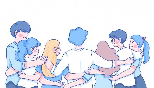 a group of people hugging each other with one holding the other's arm around them