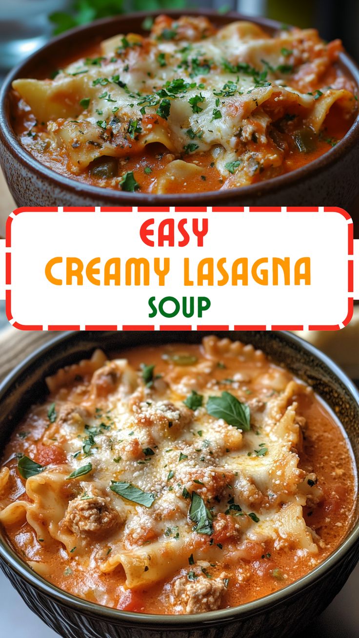 Soup Recipes: Easy Creamy Lasagna Soup Dinner Soup Ideas, Lasagna Pasta Recipe, Creamy Lasagna Soup, Best Lasagna Soup Recipe, Sausage Lasagna Soup, Lasagna In A Bowl, Soup Ground Beef, Creamy Lasagna, Soup Meals