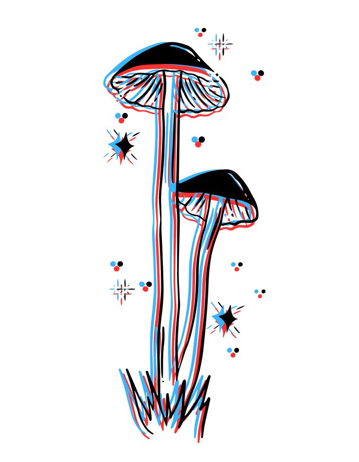 an artistic drawing of two mushrooms with stars in the back ground and red, white, and blue colors