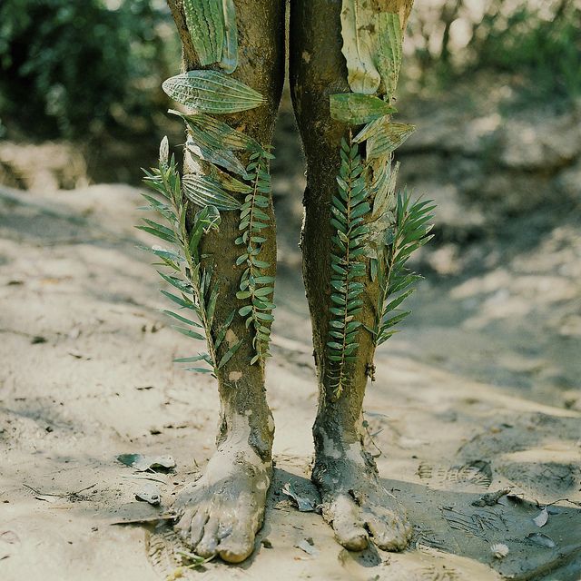 the legs and feet of a statue are covered in green leaves, with dirt on the ground