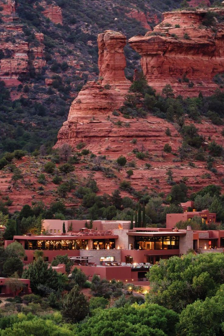 the red rock formations are in the background as well as an image of a hotel