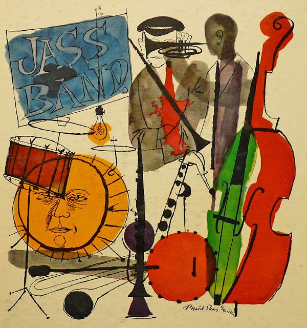 an abstract painting with musical instruments and music notes