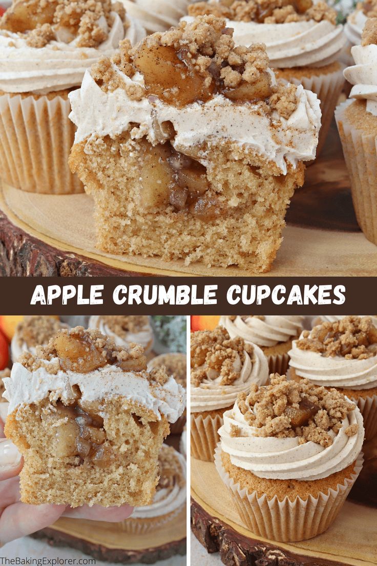 apple crumble cupcakes with white frosting and apples in the background on a wooden platter