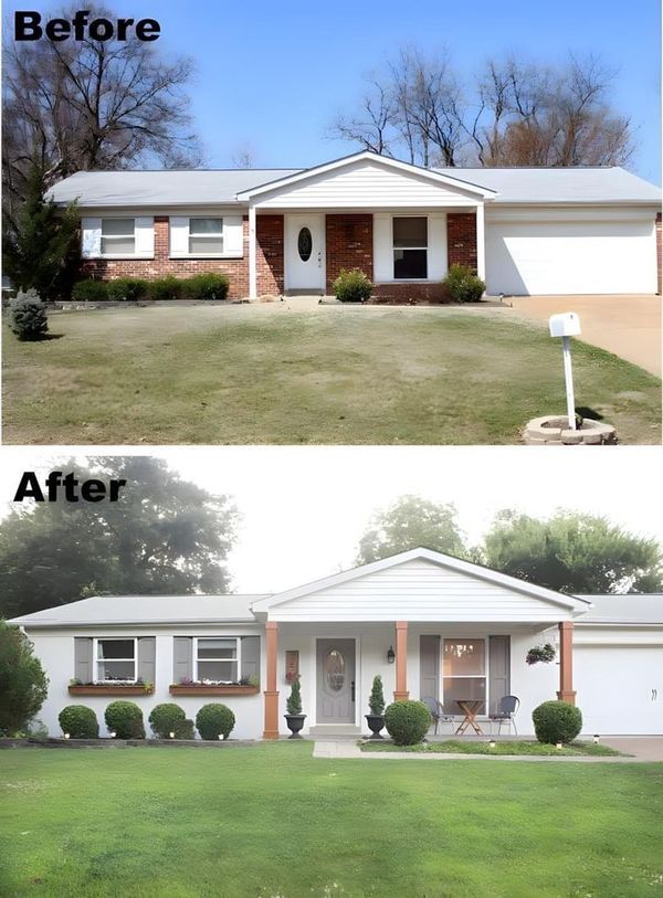 before and after photos of a house with grass in the front yard, then on the back lawn