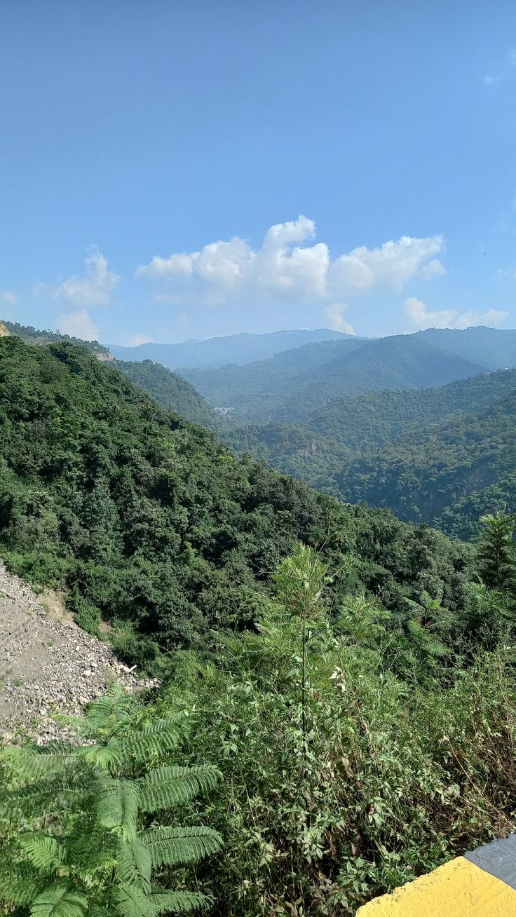 a scenic view of mountains and trees on a sunny day