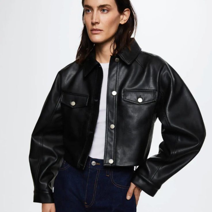 Faux Leather, Short Design, Shirt-Style Collar, Long Sleeve, Press Stud Fastening On The Front, Two-Buttoned Flap Chest Pockets, Inner Lining New With Tags, Never Worn. Price Firm, Thanks! Product Page: Https://Shop.Mango.Com/Us/Mypurchases/Online/Purchase/Mng0002l58b6 Fall Leather Long Sleeve Cropped Jacket, Leather Cropped Jacket With Long Sleeves For Fall, Fall Workwear Collared Biker Jacket, Winter Workwear Faux Leather Cropped Jacket, Winter Work Faux Leather Cropped Jacket, Winter Workwear Cropped Faux Leather Jacket, Black Leather Cropped Jacket For Fall, Edgy Cropped Jacket For Work In Fall, Mango Shorts