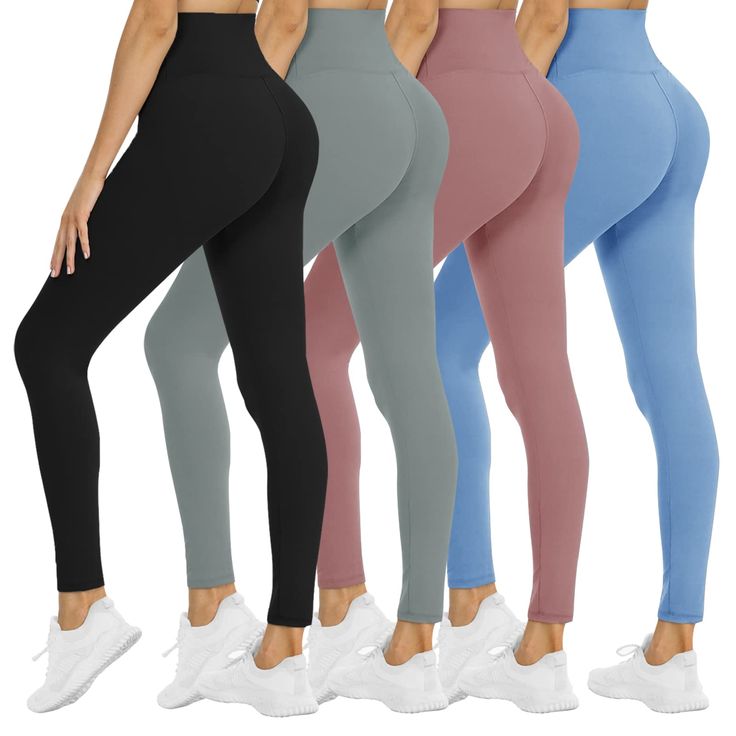 four women's leggings with high waist and side pockets in various colors